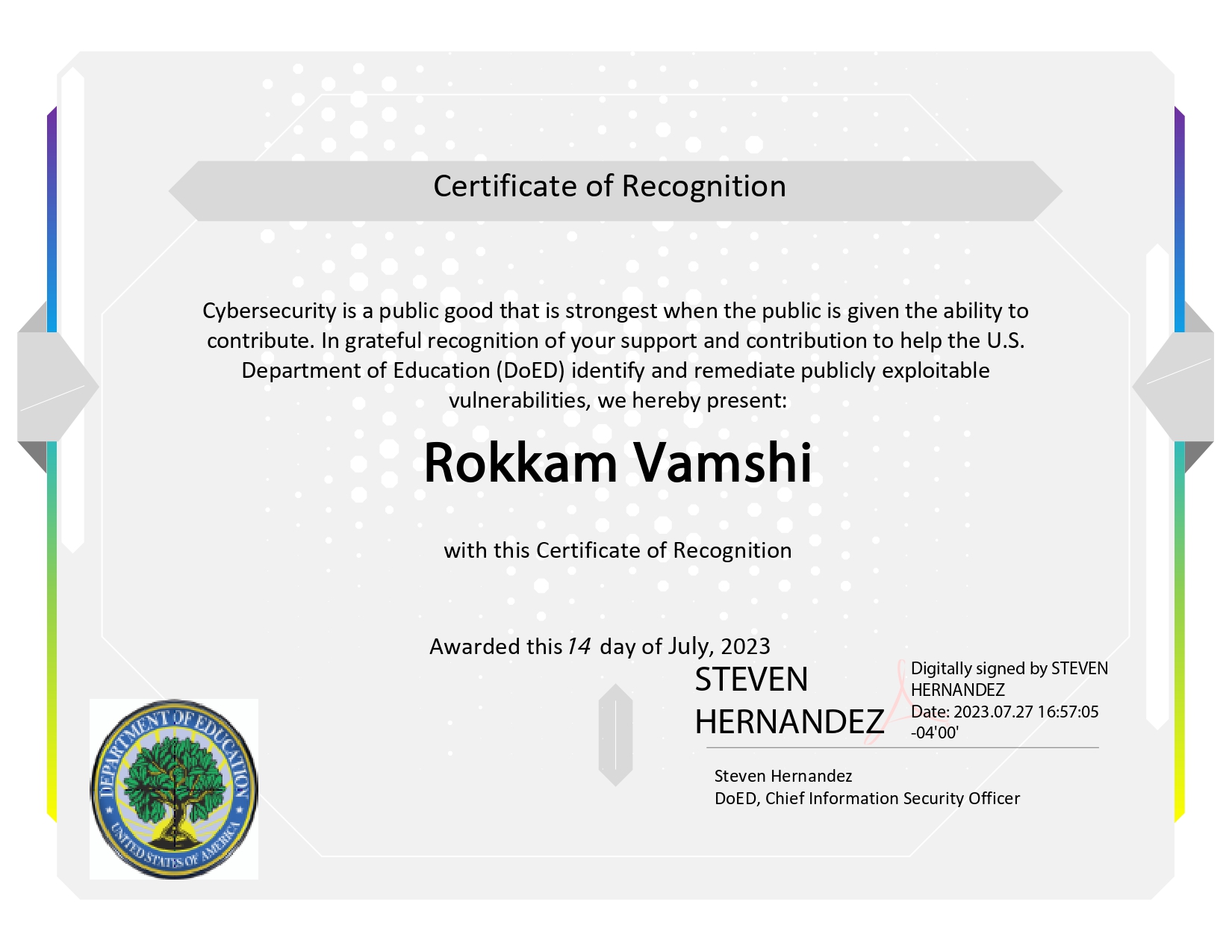 Letter of Appreciation from US Department of Education