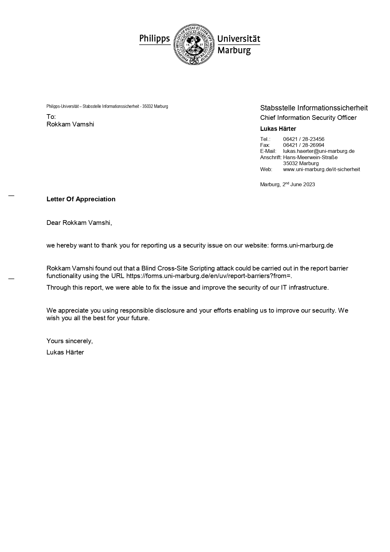 Letter of Appreciation from Philipps-Universität Marburg