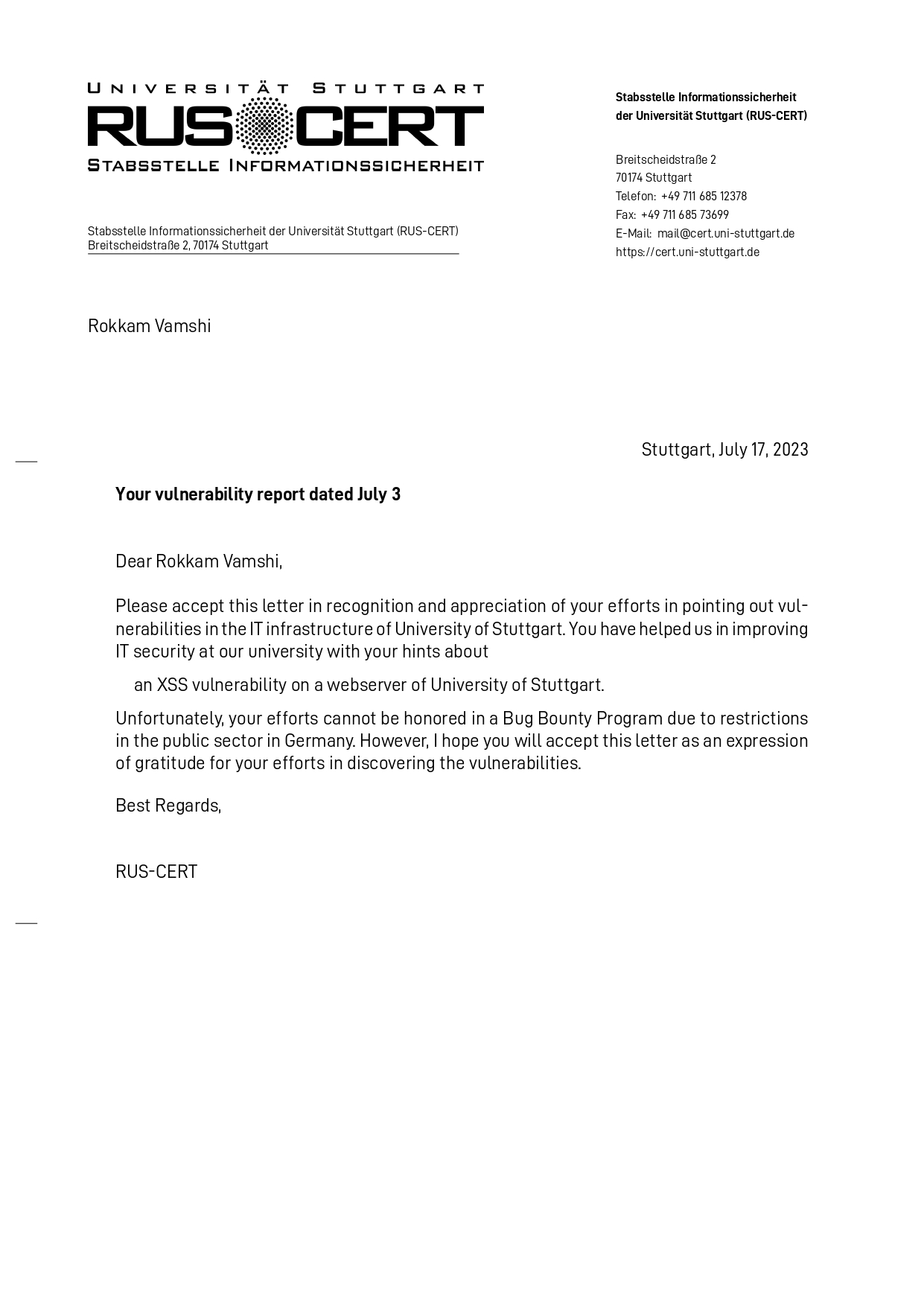 Letter of Appreciation from RUS-CERT